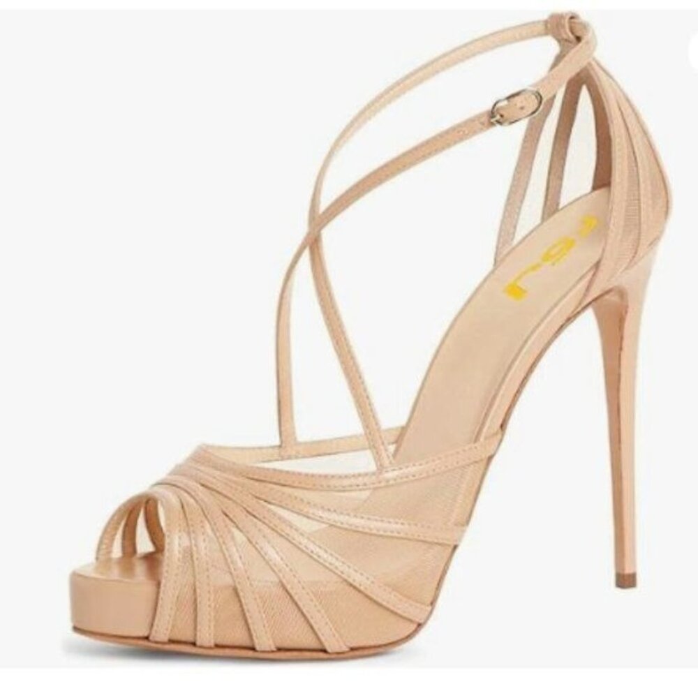 FSJ Elegant Peep Toe Crisscross Platform Sandals Women Ankle Strappy Stilettos